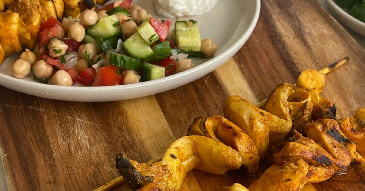 Shawarma-Style Mushroom Skewers with Quick Chickpea Salad